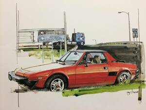 【正規品 絶版】Bowイラスト フィアット エックス1/9 カーマガジン 6 Fiat X1/9 アンティーク インテリア クラシックカー 旧車 絵