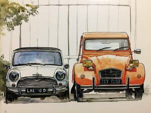 【正規品 絶版】Bowイラスト ポストカード ミニ & シトロエン2CV カーマガジン Mini & Citroen 2CV 絵葉書 旧車