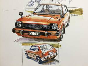 【正規品 絶版】Bowイラスト ホンダ シビック カーマガジン 1 Honda Civic アンティーク インテリア クラシックカー 旧車 絵