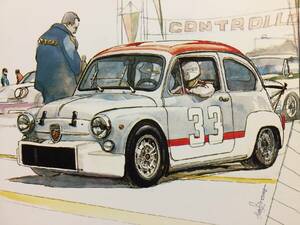 【正規品 絶版】Bowイラスト ポストカード フィアット アバルト 1000TCR カーマガジン Fiat Abarth 1000TCR 絵葉書 旧車 絵