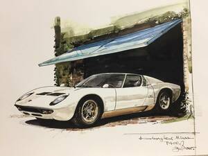 【正規品 絶版】Bowイラスト ランボルギーニミウラ カーマガジン 67 Lamborghini Miura アンティーク インテリア クラシックカー 旧車 絵