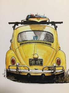 【正規品 絶版】Bowイラスト ポストカード フォルクスワーゲン ビートル カーマガジン VW Beetle 絵葉書 旧車 絵