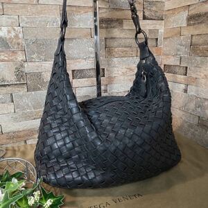 1円【至高の逸品】BOTTEGA VENETA ボッテガヴェネタ ハンドバッグ ワンショルダーバッグ レザー イントレチャート ブラック系 黒 保存袋付