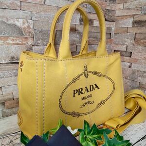 1 иен [. высота. замечательная вещь ]PRADA Prada kana pa2way ручная сумочка большая сумка сумка на плечо оттенок желтого парусина сумка для хранения есть 1 старт 