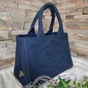 1 иен [ почти не использовался!]PRADA Prada kana pa ручная сумочка большая сумка парусина темно-синий серия 1 старт 