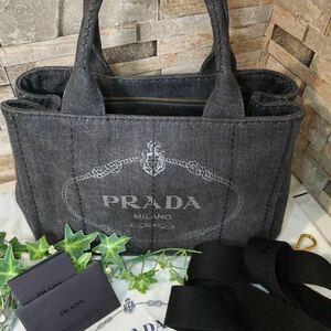 1 иен [ почти не использовался!]PRADA Prada kana pa2way ручная сумочка большая сумка сумка на плечо черный Denim чёрный сумка для хранения есть 1 старт 