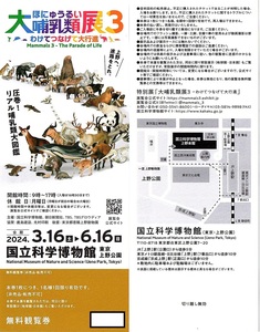 大哺乳類展３～わけてつなげて大行進～　観覧券　2枚set　～3組迄　2024年6月16日迄有効　国立科学博物館・上野公園