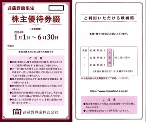 武蔵野興業　株主優待券　鑑賞券綴（4枚）　1冊(単位)　～2冊迄　2024年6月末迄有効　武蔵野館