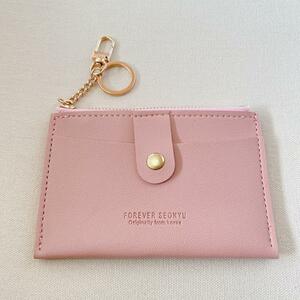 カードケース　金ボタン　ピンク　桃色　軽量　薄型　パスケース　小銭入れ　財布　ミニ財布　ICカード　コインケース