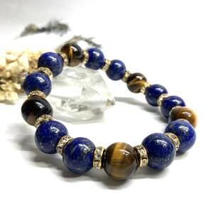  lapis lazuli & Tiger I Power Stone bracele natural stone breath ( Gold ) 12mm.. better fortune men's man *