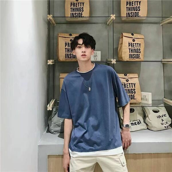 Tシャツ ビッグシルエット 半袖 トップス 韓国 カットソー ネイビー XL