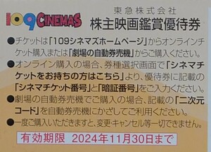 【コード連絡】 １０９シネマズ　株主 映画鑑賞 優待券　1000円で鑑賞できる券　１枚　2024.11.30まで　送料無料