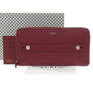 【本物保証】 箱・布袋付 新品同様 フルラ FURLA クラッチバッグ カードケース ラウンドファスナー長財布 レザー レッド系