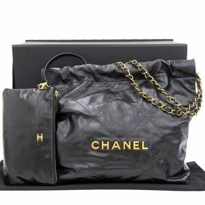 【本物保証】 箱・布袋付 超美品 シャネル CHANEL シャネル22 スモール チェーンショルダーバッグ シャイニーカーフ ブラック 黒 AS3260