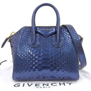 【本物保証】 布袋付 超美品 ジバンシー GIVENCHY アンティゴナ ミニ 2WAYバッグ ハンドバッグ ショルダー メタリックブルー 希少 レア