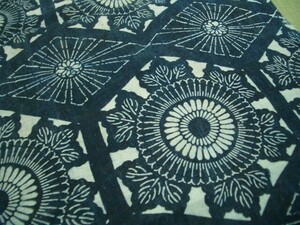 古布藍染め木綿型染めはぎれ菱菊と蛇の目菊　62㎝　アンティーク昔着物リメイク古裂布団皮