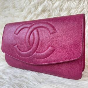 1円〜【稀少色・ピンク】CHANEL シャネル ココマーク キャビアスキン 二つ折り 長財布 ウォレット 札入れ 小銭入れ カード入れ シリアル有 