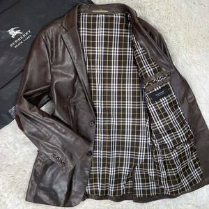 1円〜【美品希少L】BURBERRY BLACK LABEL テーラードジャケット 羊革 ラムレザー ノバチェック バーバリーブラックレーベル 黒茶 ケース付