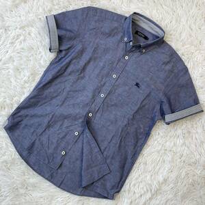 1 иен ~ [ не использовался класс ] Burberry Black Label шланг вышивка окантовка linen.2way roll выше рубашка с коротким рукавом BURBERRY BLACK LABEL M синий 