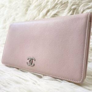 1円〜 【美品・稀少色】CHANEL シャネル 長財布 二つ折り ウォレット 小銭入れ 札入れ セブルガ キャビアスキン 薄ピンク レディース 本革