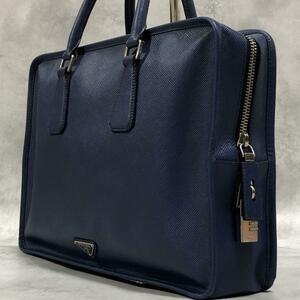 1円【極美品】PRADA プラダ サフィアーノレザー ビジネスバッグ ブリーフケース 三角ロゴプレート 金具 青 ブルー A4対応 本革 メンズ