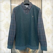 一枚限定EU製＆定価5万◆UABONI*Paris*セーター*ユアボニ*パリ発◆高品質カシミヤ ソフト 裏起毛 暖かい 切替 チェック柄 重ね着風 紳士2XL_画像1