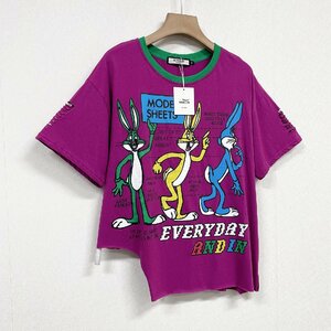 個性ヨーロッパ製※定価2万◆ブルガリア発※RISELIN 半袖Tシャツ 可愛い ゆったり ダメージ加工 ウサギ トップス アシンメトリー 街着 M/46