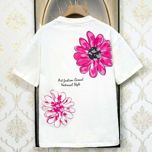 上品EU製＆定価2万◆UABONI*Paris*半袖Tシャツ*ユアボニ*パリ発◆上質 快適 吸汗 ソフト 花柄 プルオーバー トップス 可愛い 男女兼用 2XL