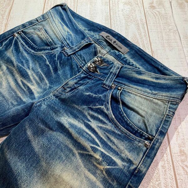 【Cook jeans】クックジーンズ ヴィンテージ加工 ストレートデニムパンツ ローライズ 32インチ 鬼ヒゲ ハチノス