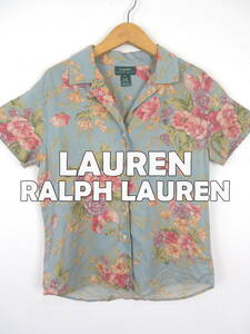 90s ローレンラルフローレン ★ レディース ボタニカル柄 オープンカラー リネン 半袖シャツ S ★ RALPH LAUREN 麻 アメリカ USA 古着 花柄