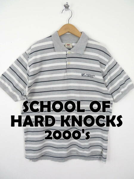 00s スクールオブハードノックス ★ ボーダー 半袖 ポロシャツ XL ★ SCHOOL OF HARD KNOCKS ヒップホップ Y2K Bボーイ B系 ストリート