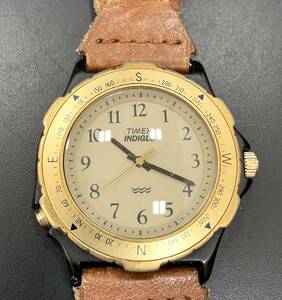 TIMEX INDIGLO タイメックス 376 腕時計 アナログ 3針 金文字盤 ゴールドカラー 本革レザーベルト メンズ 　動作未確認