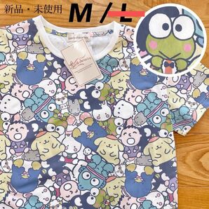 【M】サンリオキャラクター 総柄 半袖Tシャツ レディース●サンリオ Sanrio コスプレ サンリオピューロランド/ブルー