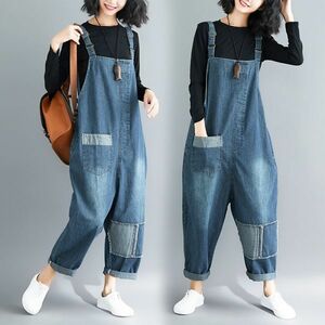 新品 レディース サロペット デニム オーバーオール つなぎ サルエル パンツ サスペンチワンピ ポケット 春夏秋DJ113