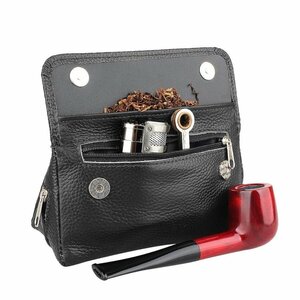 CHQ1877#本物の革喫煙タバコパイプポーチケースバッグ2パイプ用タンパーフィルターツ Black