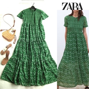 ザラZARA　花柄ロングワンピース　フラワー　グリーン　緑　シフォン