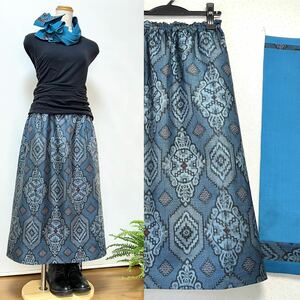  Ooshima pongee * blue . pattern neat A line skirt + stole * lining attaching * kimono remake 