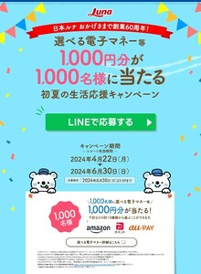  prize application Japan luna is possible to choose electron money 1000 jpy minute 1000 name present ..re seat 