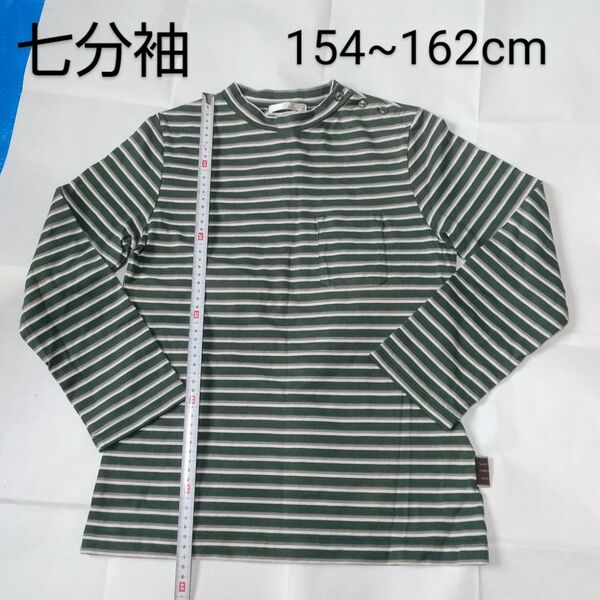 七分袖 グリーンのボーダーTシャツ カットソー ロンT 150cm 160cm ガールズ