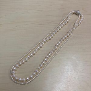 本真珠ネックレス　2連ネックレス　44.5cm 46g 玉サイズ最大7.5mm マグネット式　パールネックレス 