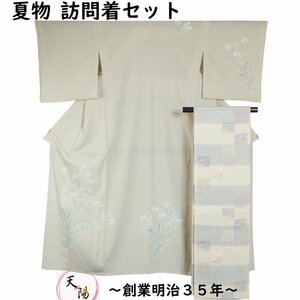 夏着物セット 訪問着・袋帯 2点 セット 絽 胡蝶蘭模様 灰黄緑色系 Sサイズ 正絹 中古 夏 着物 夏物 単衣 夏用 リサイクル着物 きもの天陽