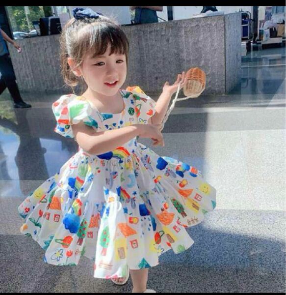 【在庫処分価格】ワンピース キッズドレス 120cm フレア カラフル 韓国