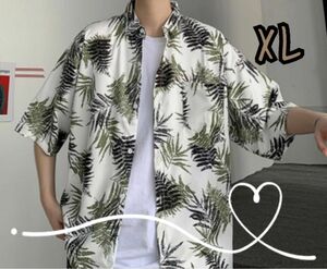 【090110XL】総柄　ボタニカル柄　半袖シャツ　ビッグシルエット　シャツ　カジュアル