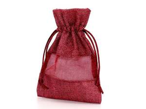 巾着袋 ラッピング 包装 巾着ポーチ 小物入れ (11cm×16cm) 麻布×オーガンジー (赤) (1個)