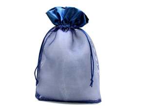 巾着袋 ラッピング 包装 巾着ポーチ 小物入れ (18cm×28cm) サテン×オーガンジー (紺色) (10個)
