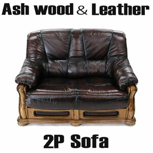  antique style 2 seater . love sofa original leather total original leather sofa Brown ash material wooden 2P