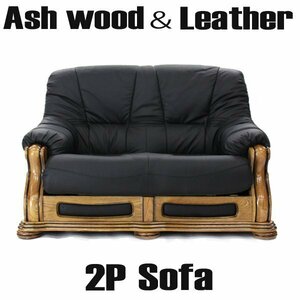  antique style 2 seater . love sofa original leather total original leather sofa black ash material wooden 2P