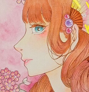 手描きイラスト　女の子　色紙　水彩色鉛筆