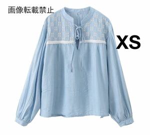 blue ブルー vintage ヴィンテージ レトロ 刺繍 ブラウス トップス XSサイズ レディース★ZARA 好きな方に★2024 S/S 春新作 新品未使用★