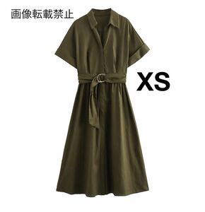 カーキ vintage ヴィンテージ レトロ ロング シャツワンピース ドレス XSサイズ レディース★ZARA 好きな方に★2024 春新作 新品未使用★